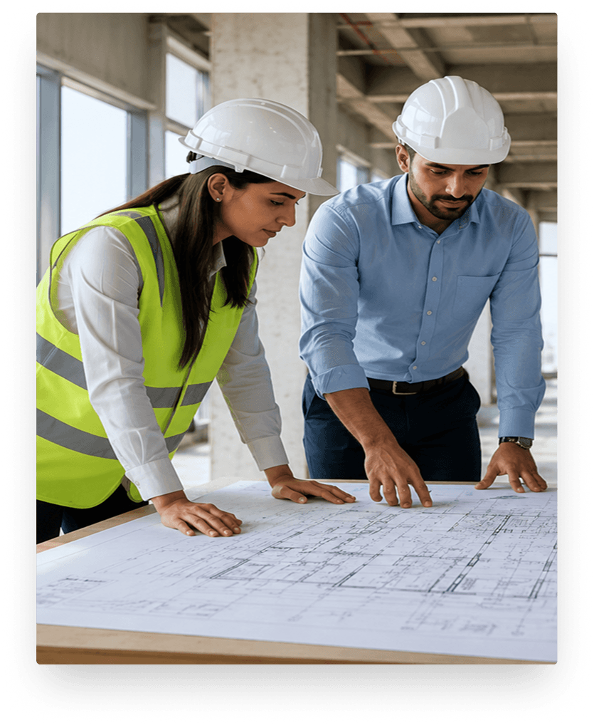 SiYaOne Construction Engineers reviewing blueprint plans